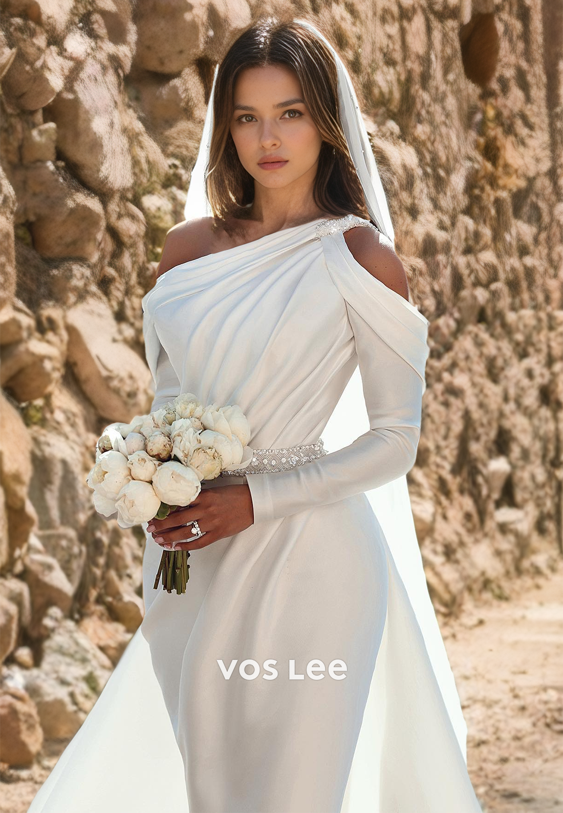 Trumpet/Mermaid One Shouler Sweep Train Mermaid Wedding Dress with Beaded Sash
