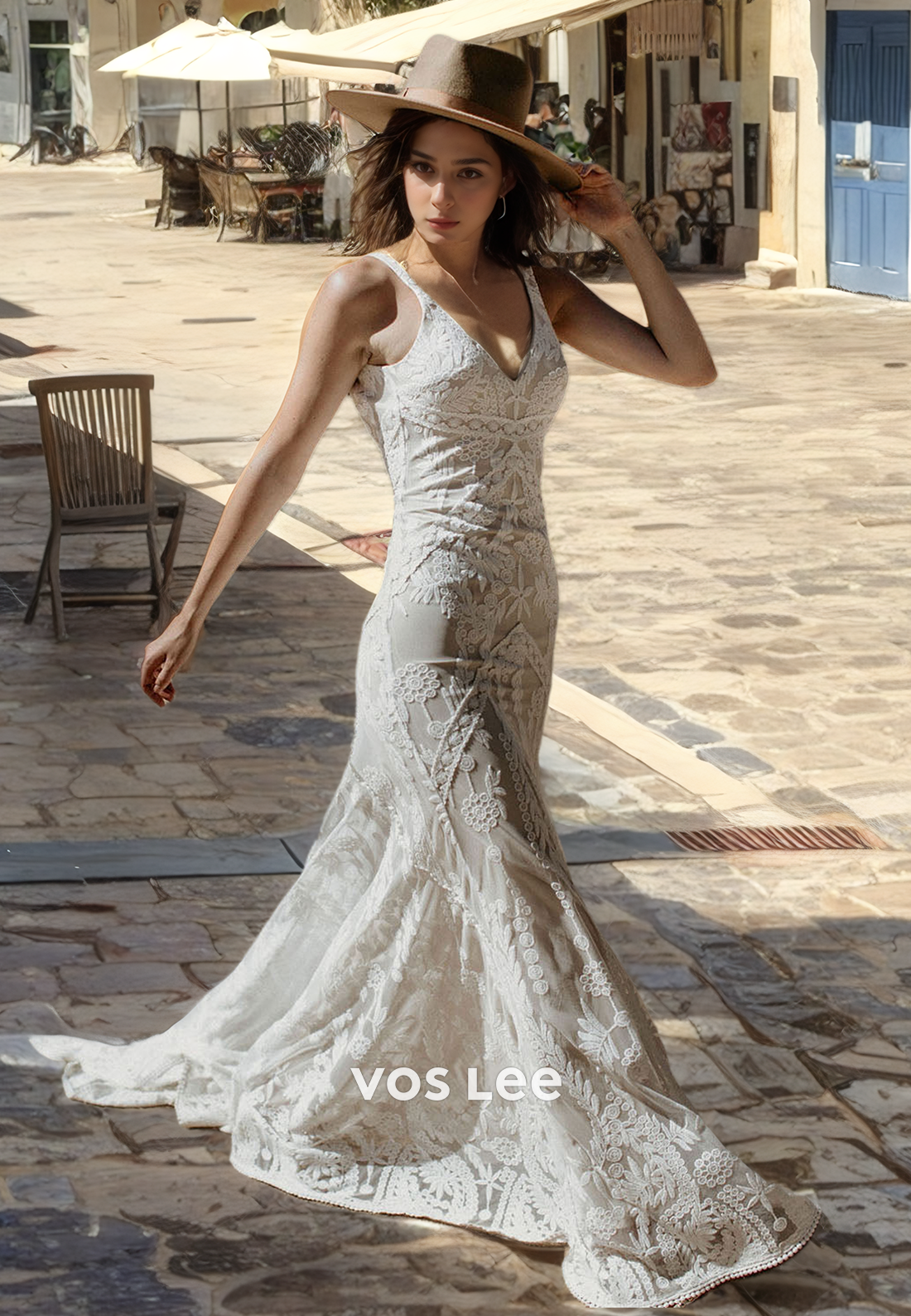 Boho Sheath/Column V-Neck Open Back Lace Wedding Dress with Train