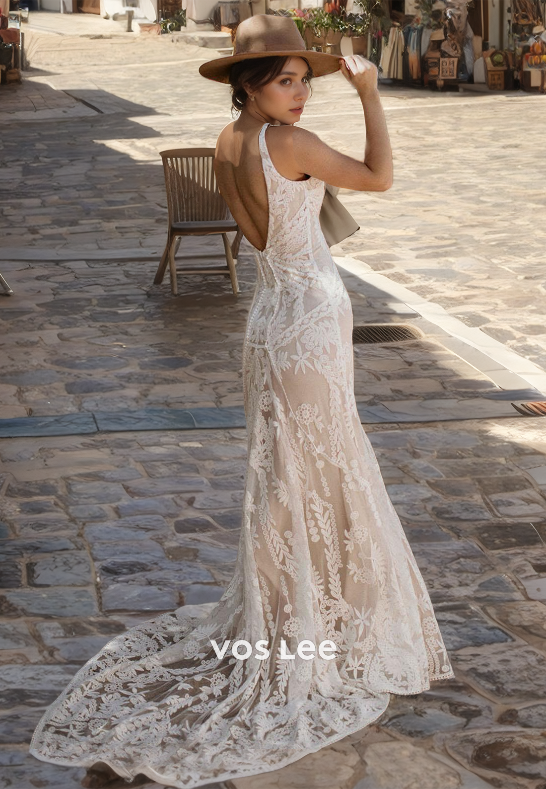 Boho Sheath/Column V-Neck Open Back Lace Wedding Dress with Train