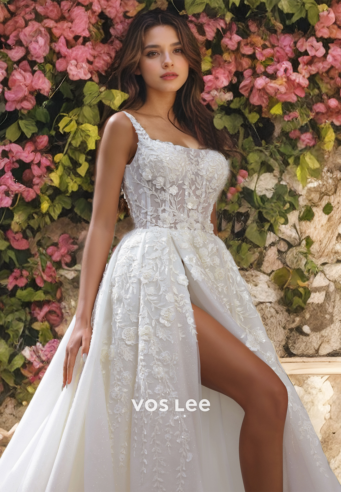 A-Line Square Applique Lace Wedding Dress with High Slit