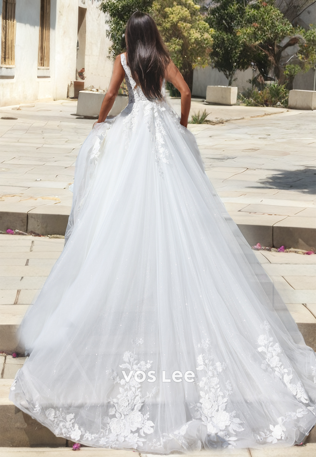 A-Line V-Neck Chapel Train Applique Lace Wedding Dress with Bows