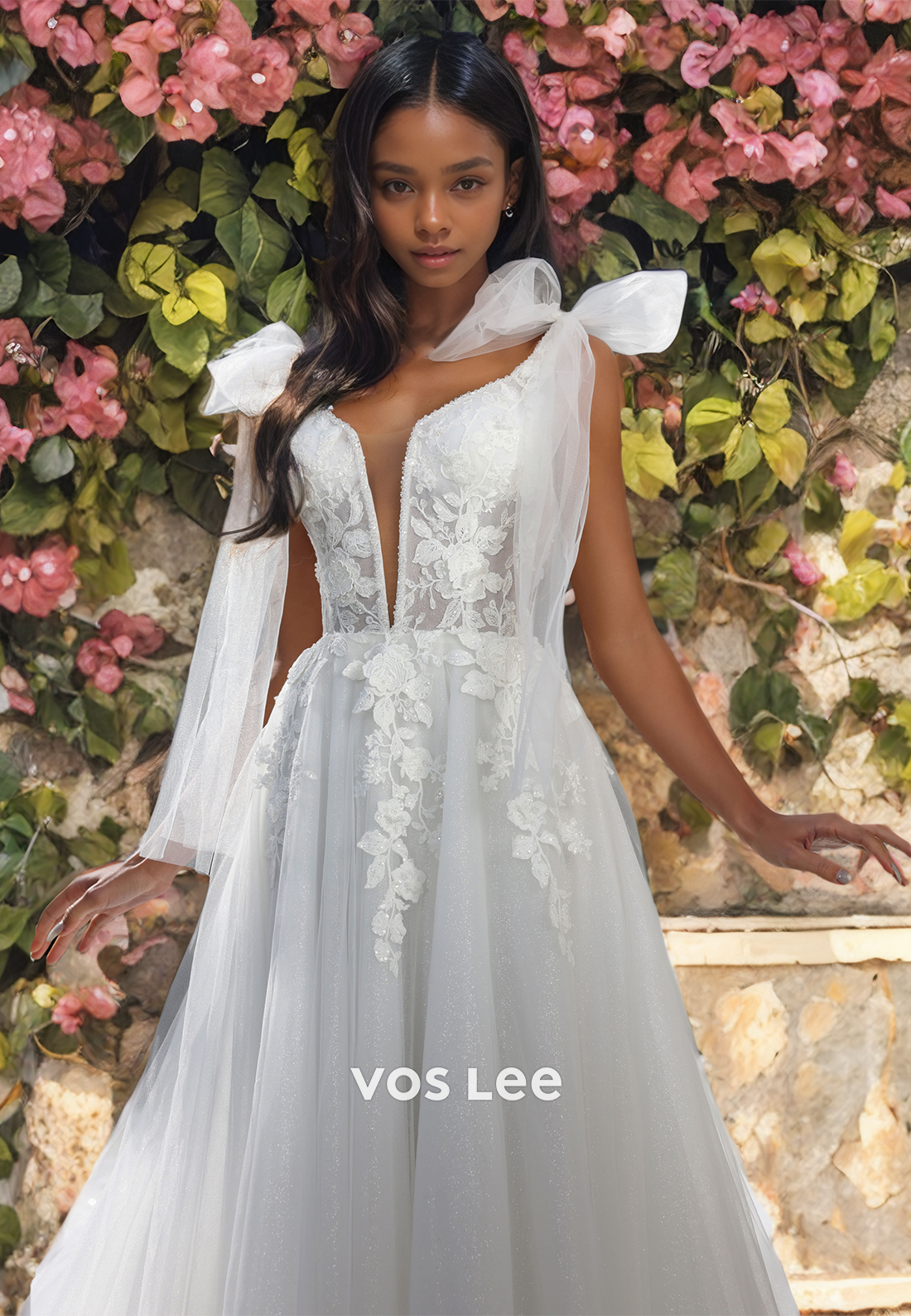 A-Line V-Neck Chapel Train Applique Lace Wedding Dress with Bows