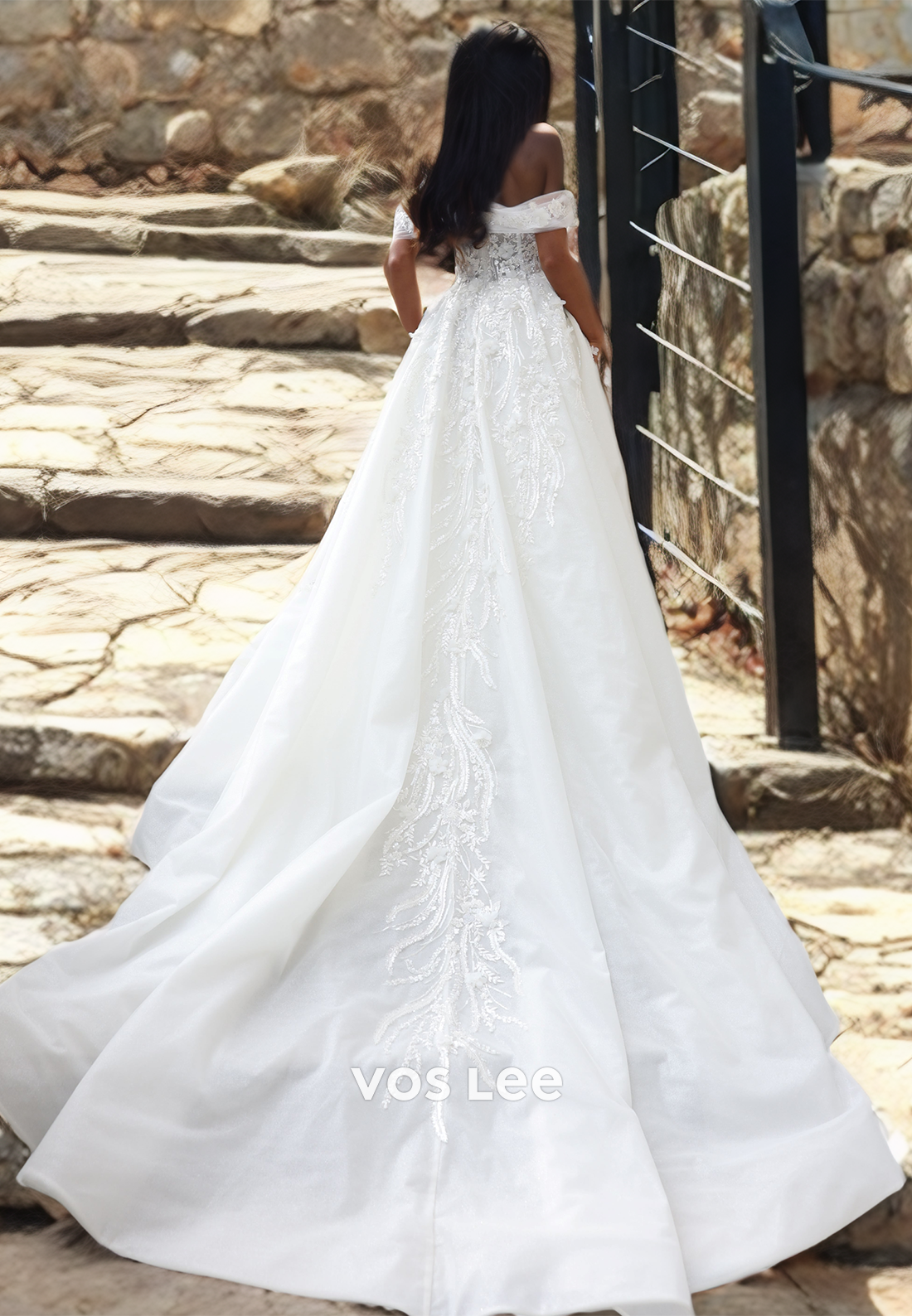 A-Line Off Shoulder Sweetheart Satin Wedding Dress with High Slit and Appliques