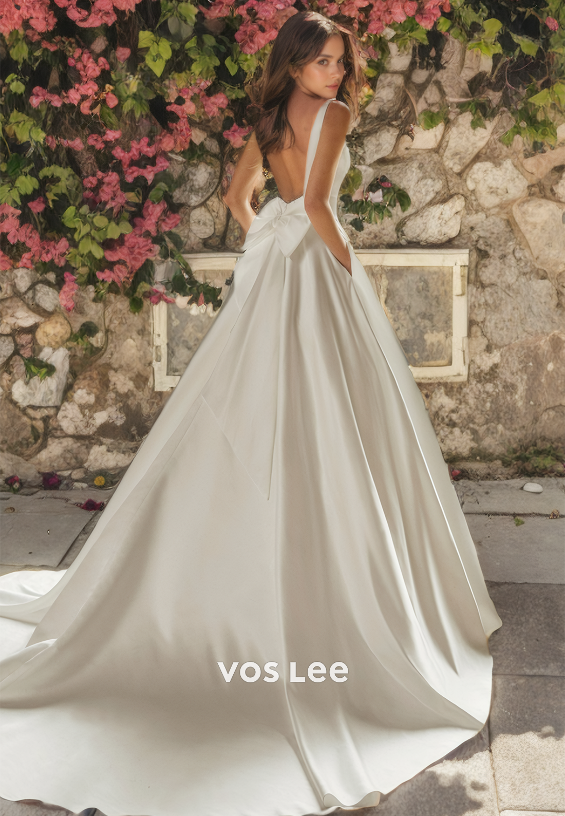 A-Line Square Open Back Chapel Train Satin Wedding Dress with Bow and pockets