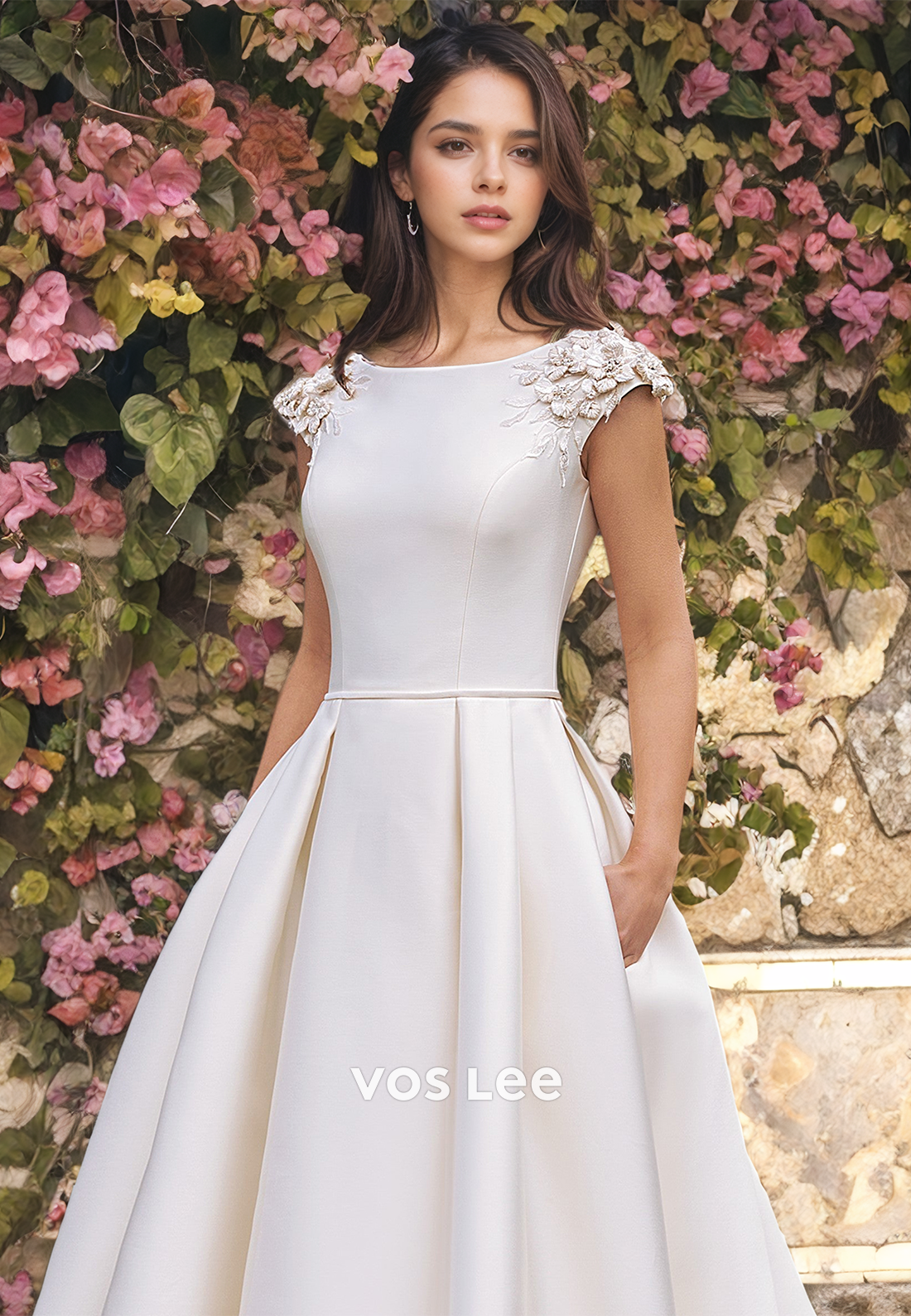 A-Line Bateau Satin Wedding Dress with Appliques