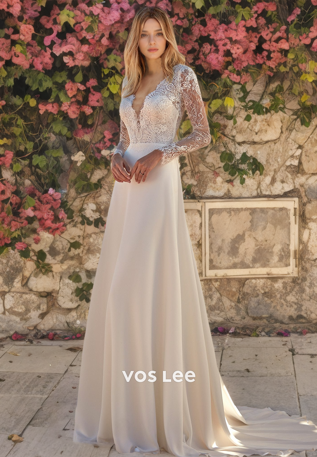 Boho A-Line V-Neck Satin Beach Wedding Dress with Appliques and Long Sleeves
