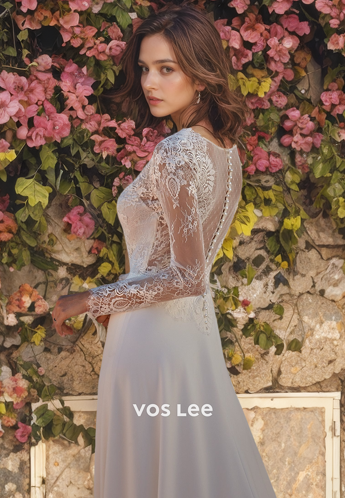 Boho A-Line V-Neck Satin Beach Wedding Dress with Appliques and Long Sleeves