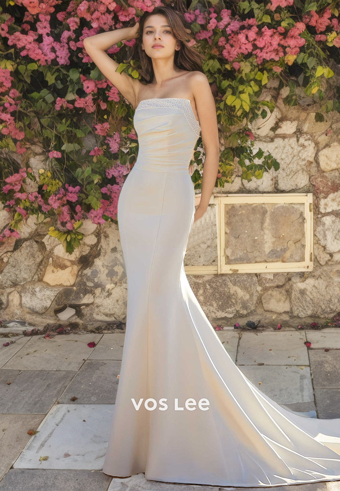 Trumpet/Mermaid Strapless Beaded Satin Beach Wedding Dress