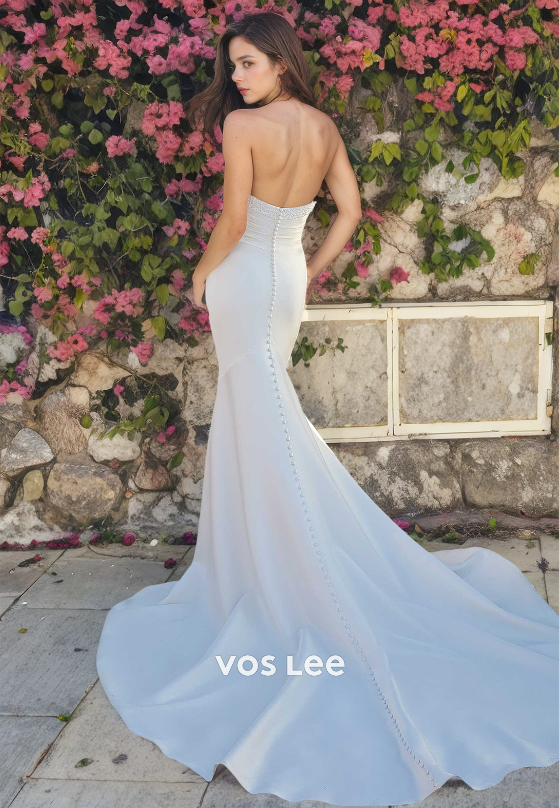 Trumpet/Mermaid Strapless Beaded Satin Beach Wedding Dress