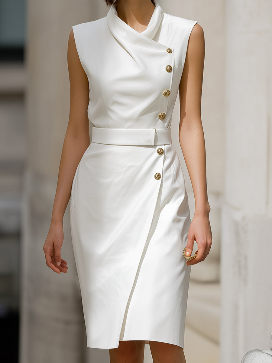 Asymmetric Buttoned Sleeveless Wrap Dress In Ivory