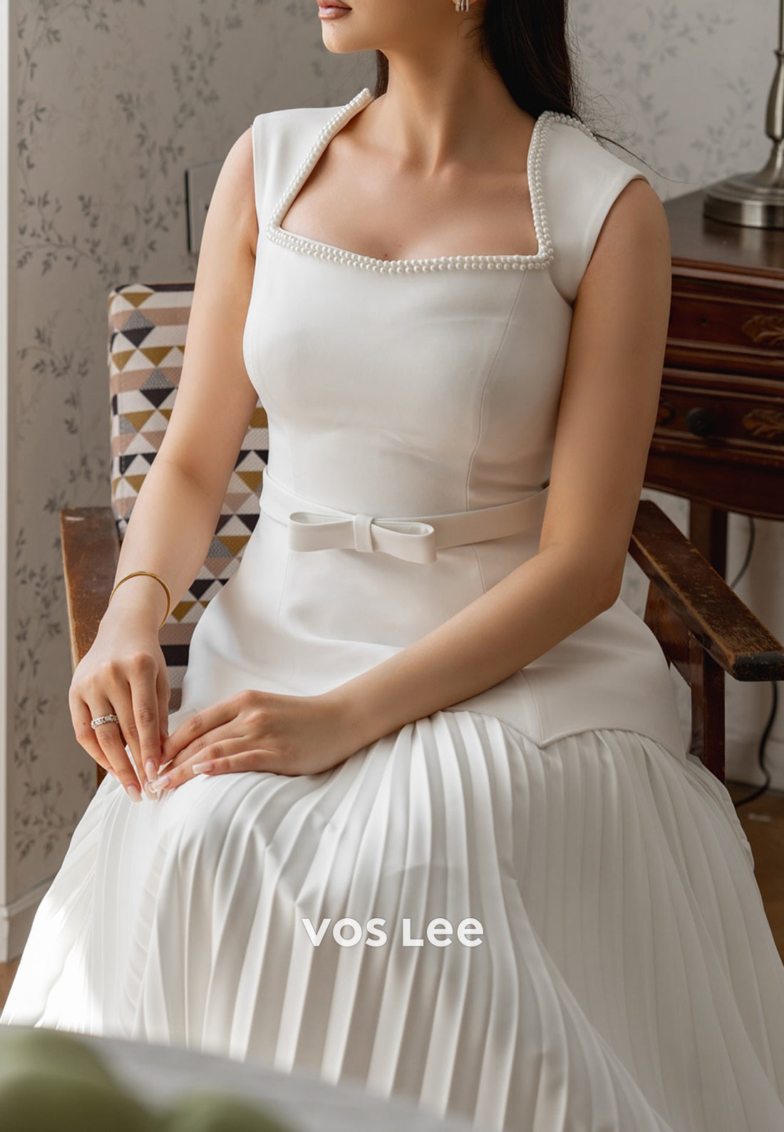 White A-Line Pearl Embellished Pleated Evening Dresses