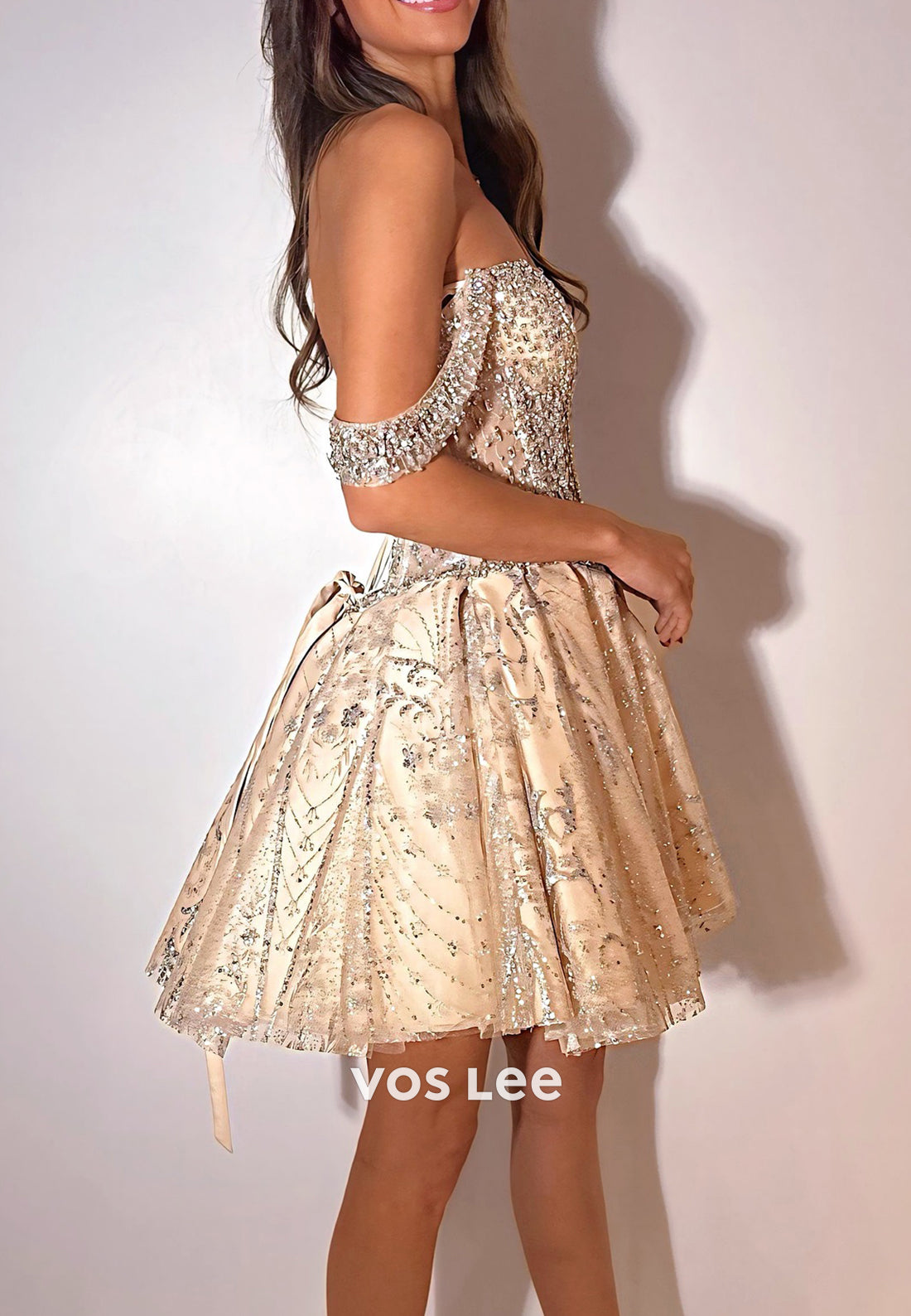 A-Line Off the Shoulder Sequins Rhinestone Embellished Pleated Homecoming Dresses