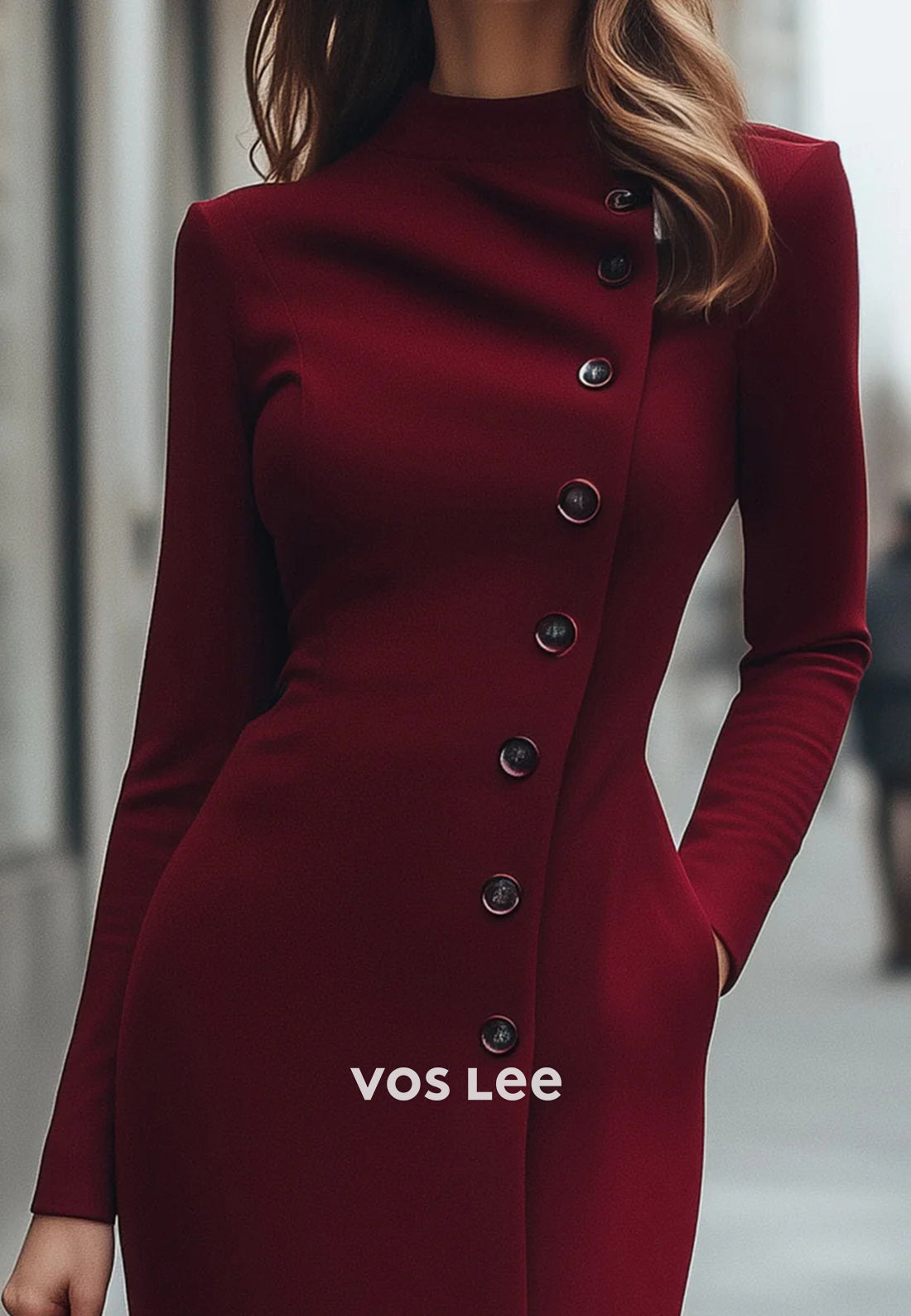 Simple Long Sleeve High Neck Tea-Length Pleated Mermaid Wedding Guest Dresses