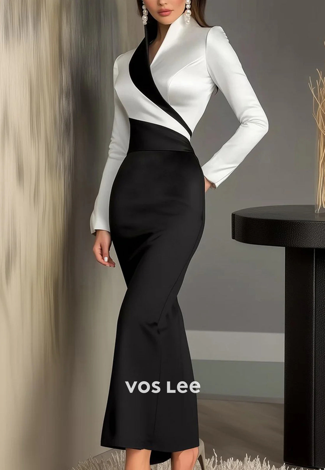 Long Sleeve Asymmetrical Neck Ankle-Length Long Mermaid Wedding Guest Dresses