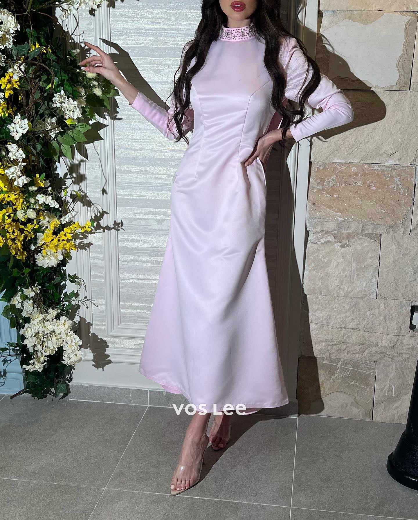 Pink Long Sleeve High Neck Rhinestone V Back Ankle-Length Evening Dresses