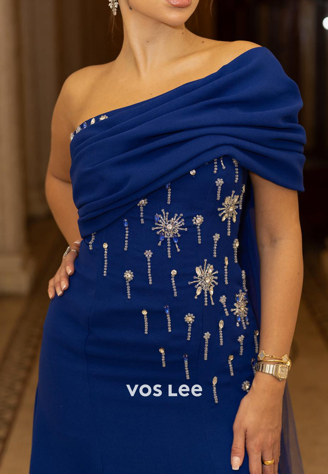 One Shoulder Rhinestone Embellished Sheath Evening Dresses with Sweep Train