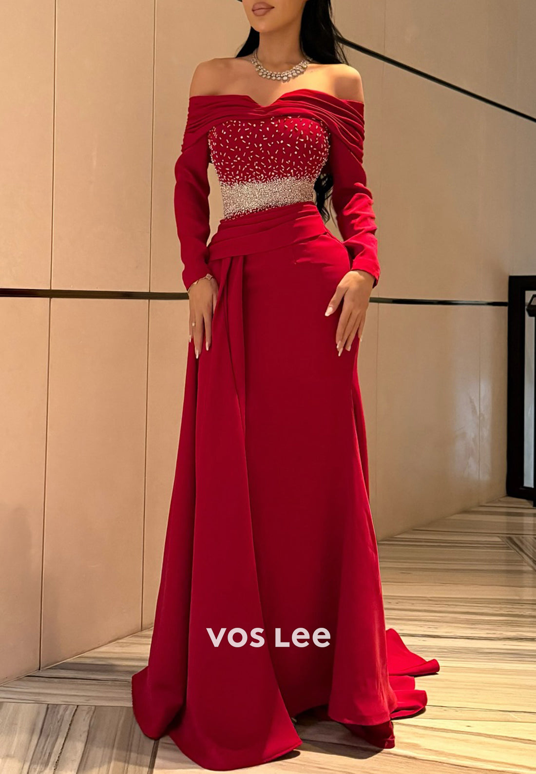 Long Sleeve Off the Shoulder Beaded Pleated Mermaid Evening Dresses with Sweep Train