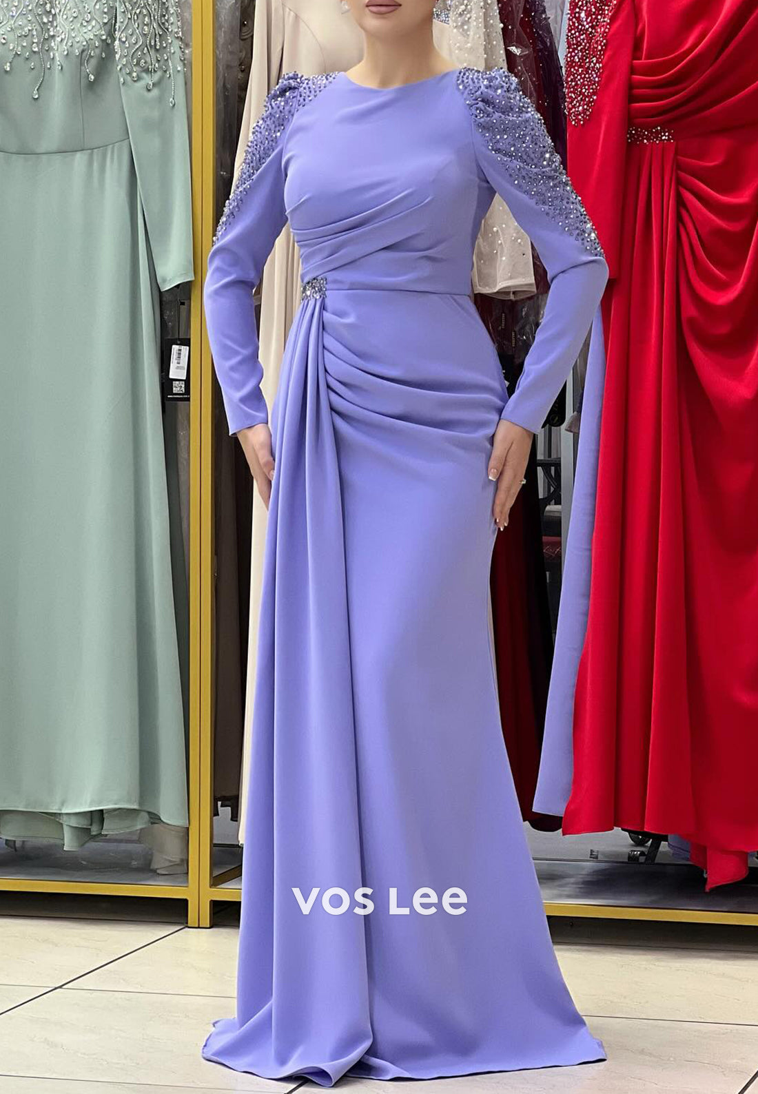 Long Sleeve Scoop Floor-Length Rhinestone Mermaid Evening Dresses with High Split