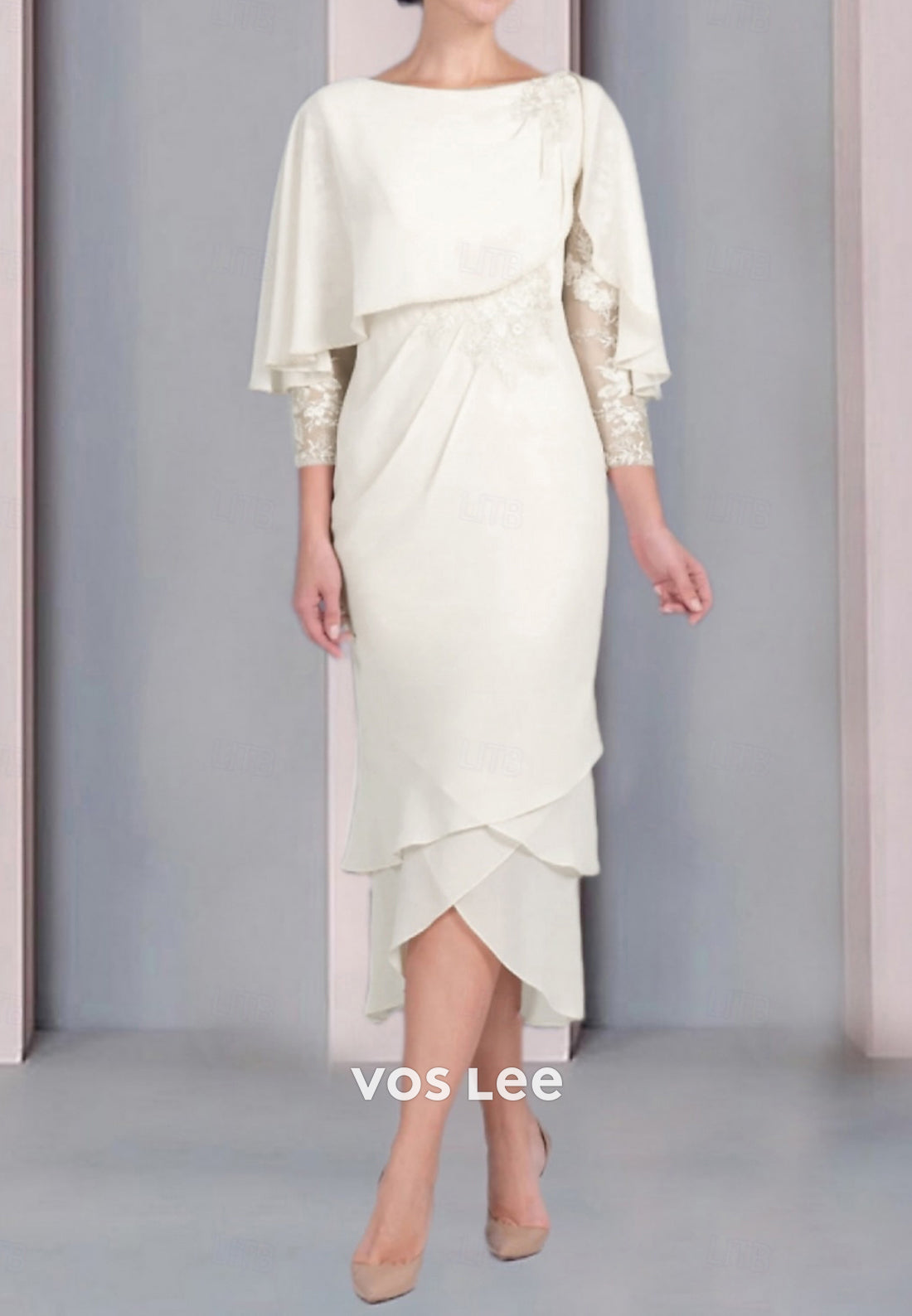 Classic 3/4 Sleeve Scoop Appliques Tea-Length Sheath Mother of Bride Dresses
