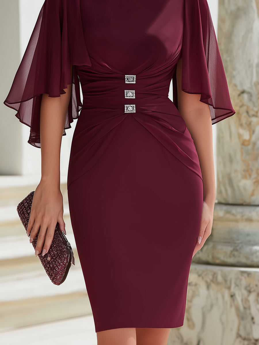 Ruched Cape Sleeve Embellished Cocktail Dress