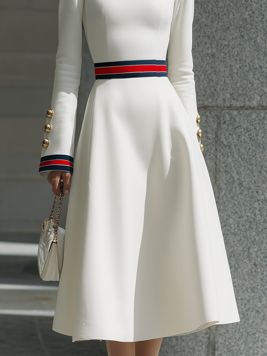 White Long-Sleeve A-Line Dress With Stripe Detail