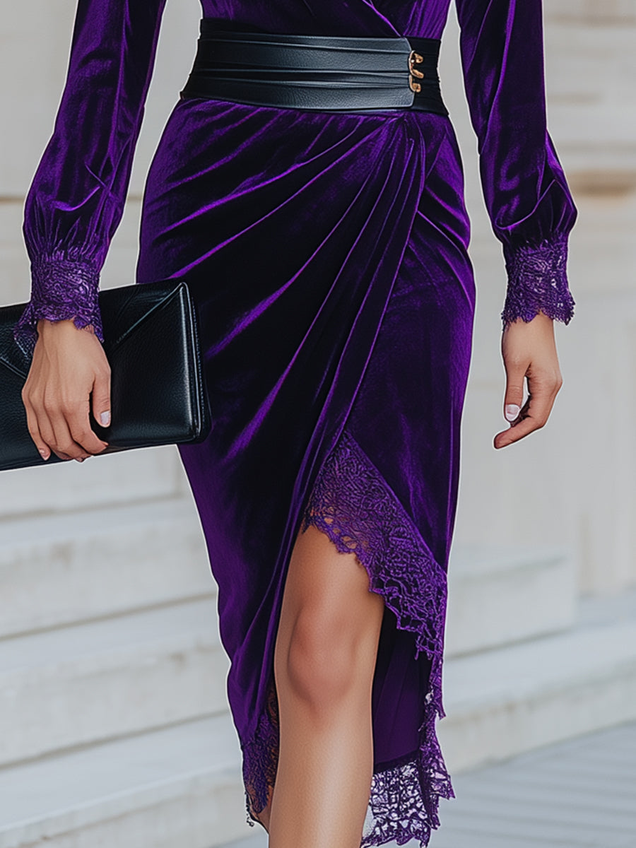 VOS LEE Royal Purple Velvet Lace Midi Dress