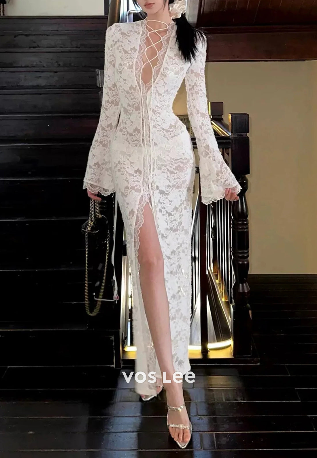Bell Sleeves V Neck Appliques Lace Mermaid Ankle-Length Evening Dresses with High Split