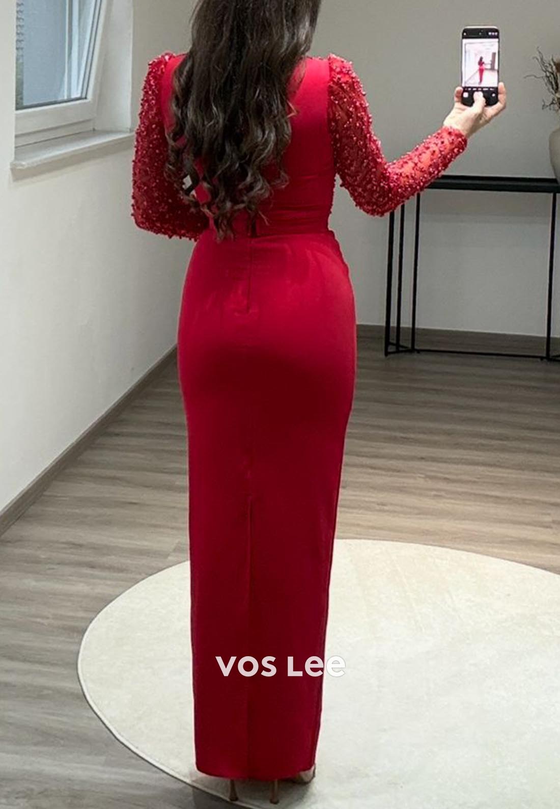 Empire Waist Long Sleeves Lace Pearl Mermaid Formal Dresses with Slit