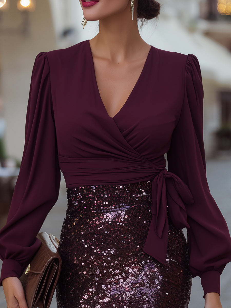 Sequin Contrast Wrap Dress With Puff Sleeves