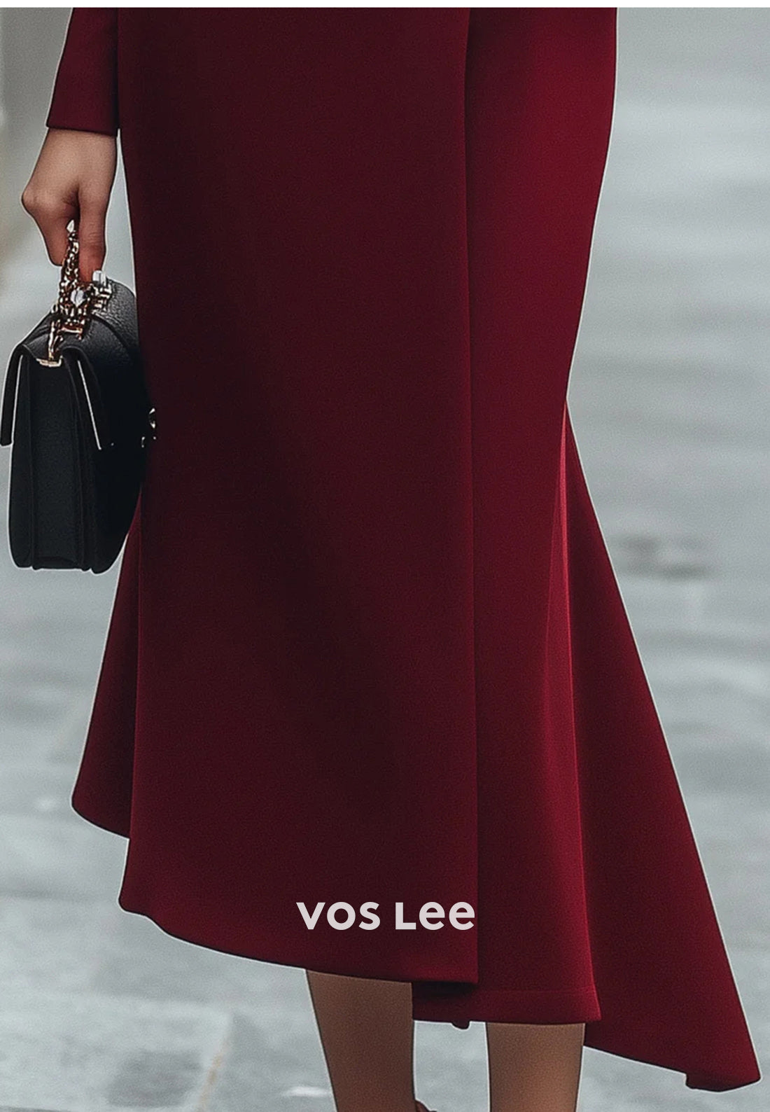 Simple Long Sleeve High Neck Tea-Length Pleated Mermaid Wedding Guest Dresses