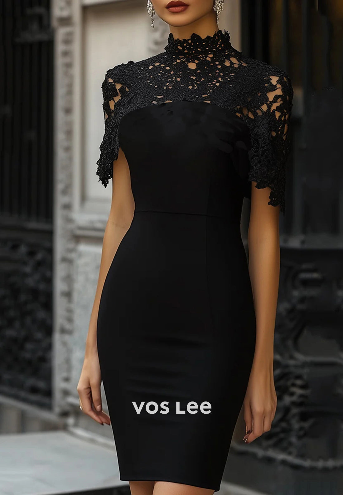Mini Illusion Cutout Short Sleeve High Neck Mermaid Wedding Guest Dresses Party Dresses
