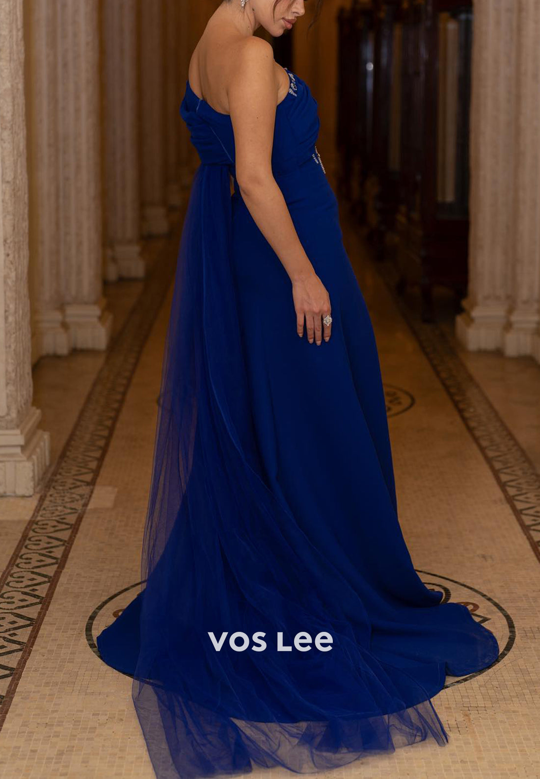 One Shoulder Rhinestone Embellished Sheath Evening Dresses with Sweep Train