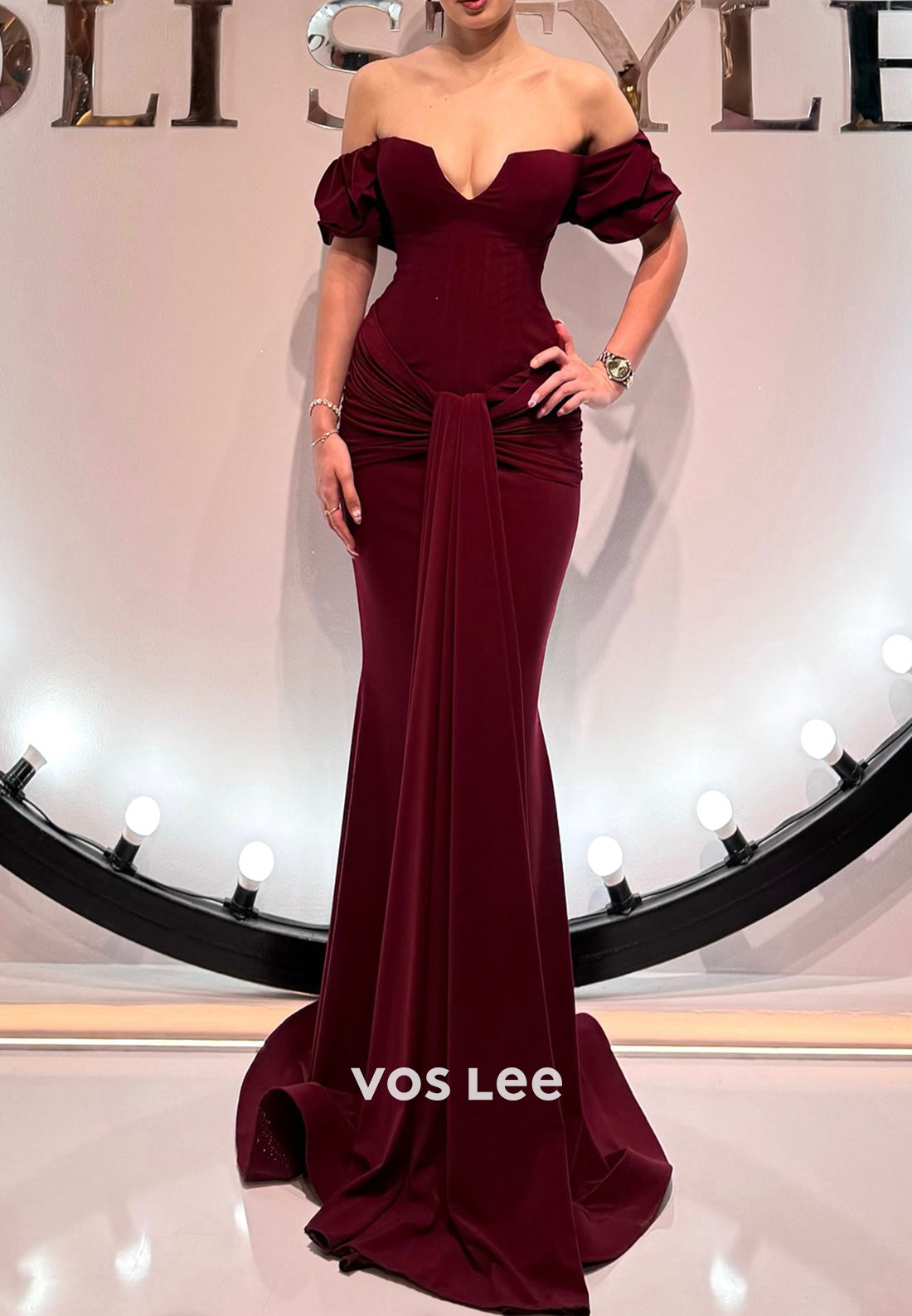 Short Sleeve Off the Shoulder Pleated Mermaid Evening Dresses with Sweep Train