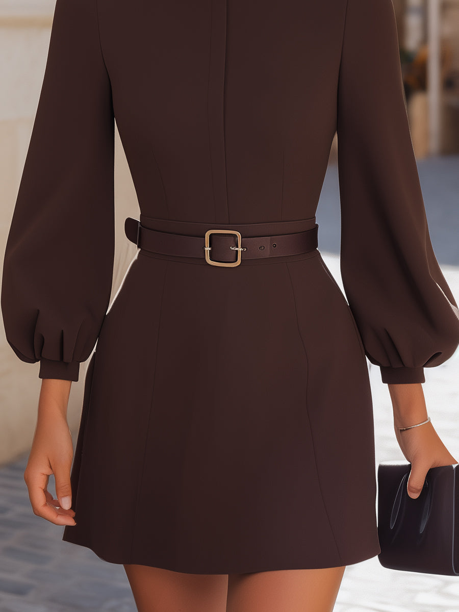 Long Bishop Sleeves Mini Dress With Belted Waist