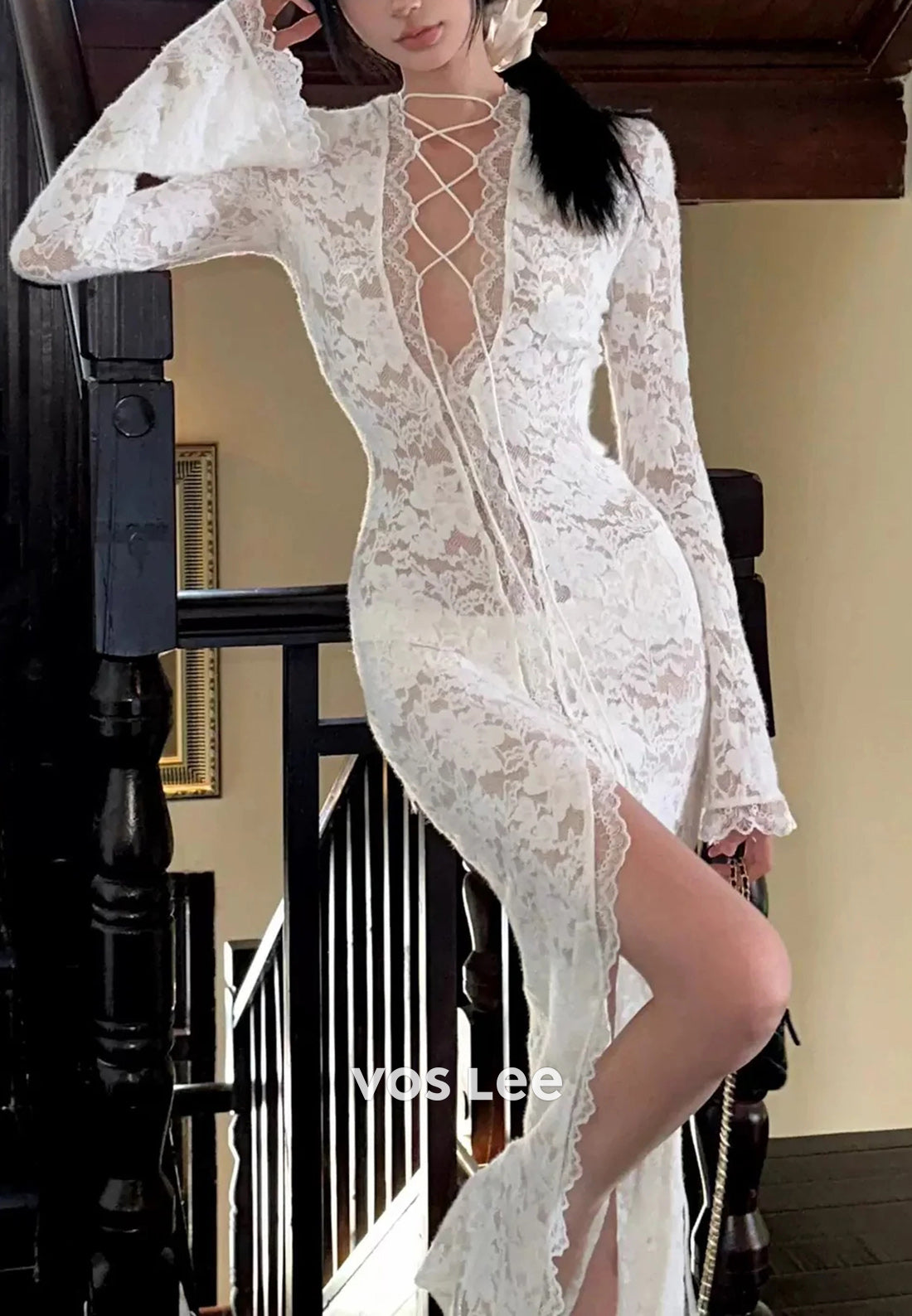 Bell Sleeves V Neck Appliques Lace Mermaid Ankle-Length Evening Dresses with High Split