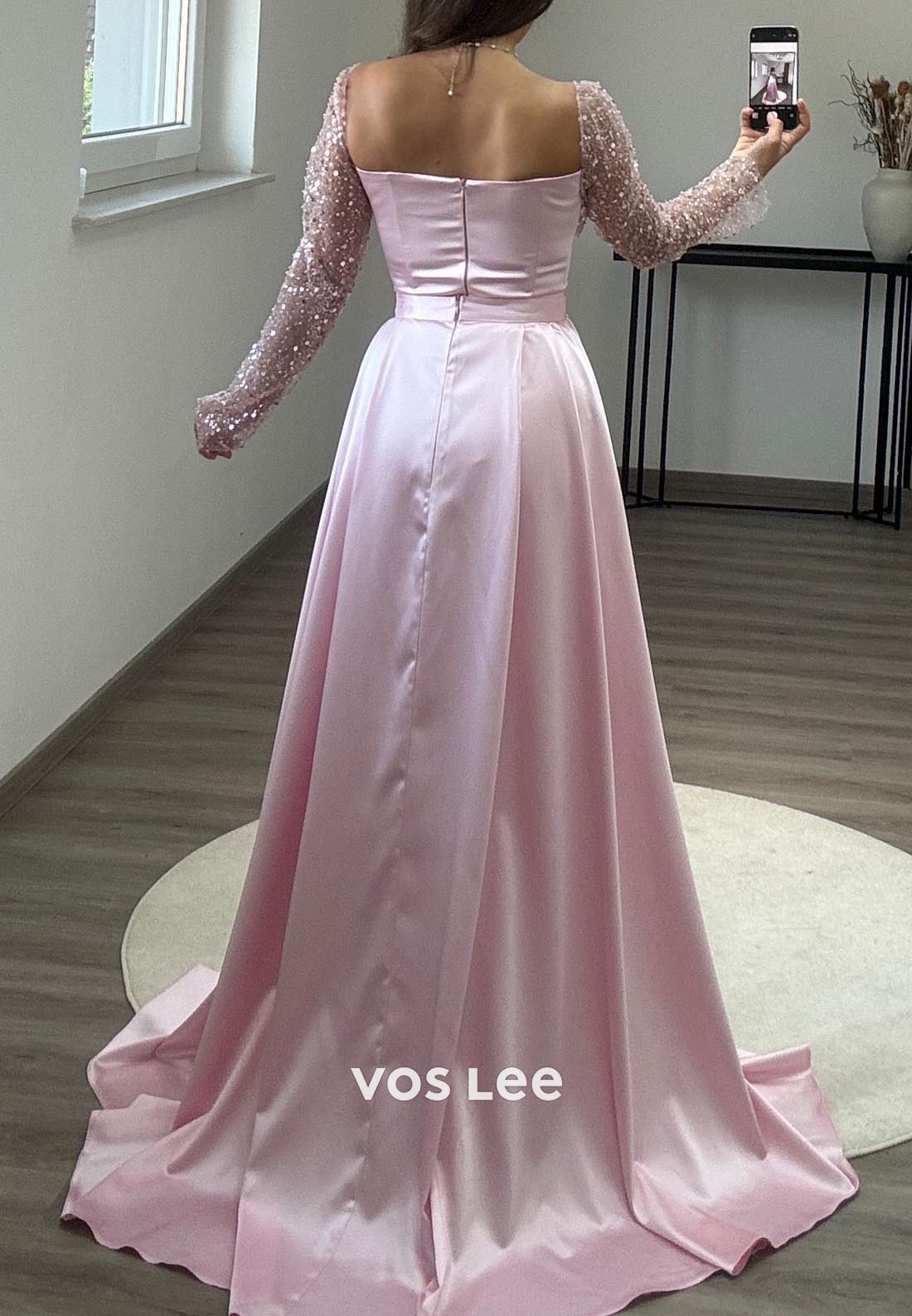 Long Sleeves Sequined Mermaid Formal Dresses with Detachable Train