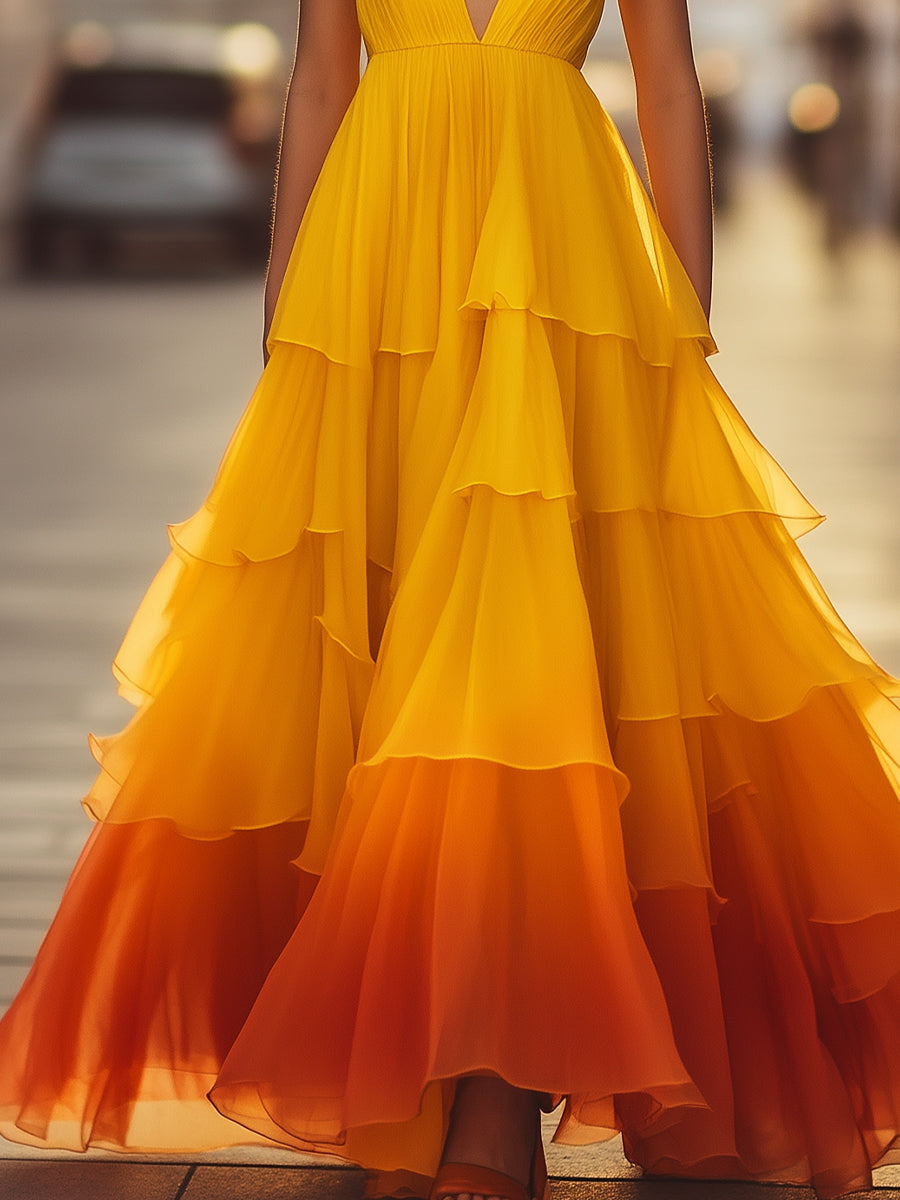 Sunset Ombre Ruffle Maxi Dress Wedding Guest Dresses