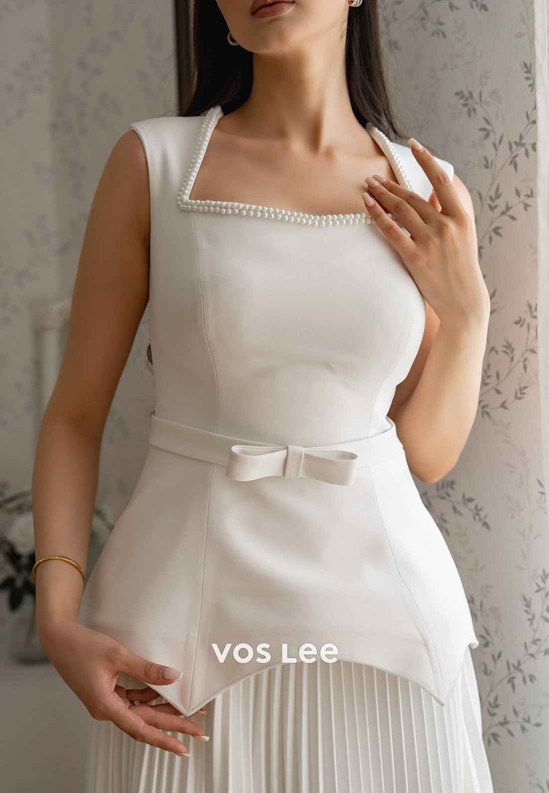 White A-Line Pearl Embellished Pleated Evening Dresses