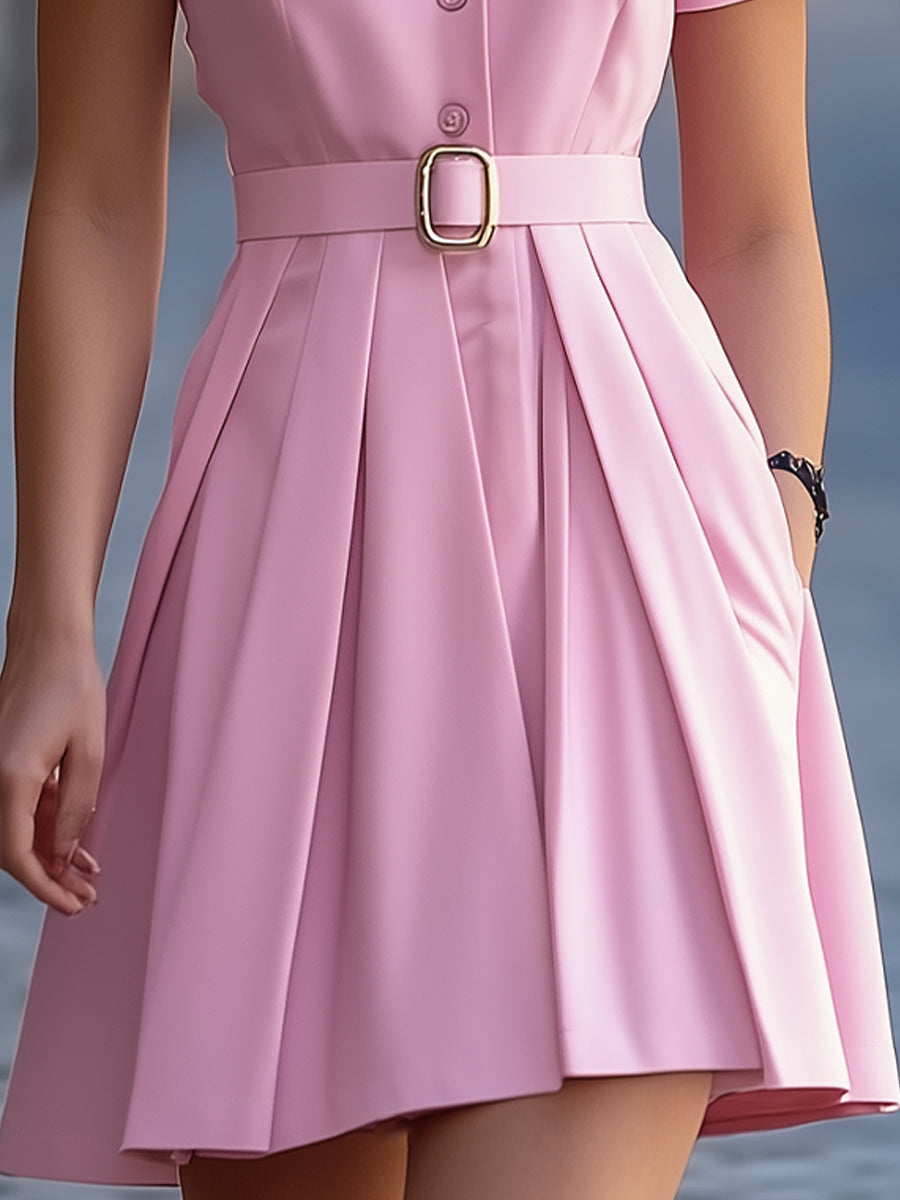 Pink Belted Pleated Shirt Dress Wedding Guest Dresses