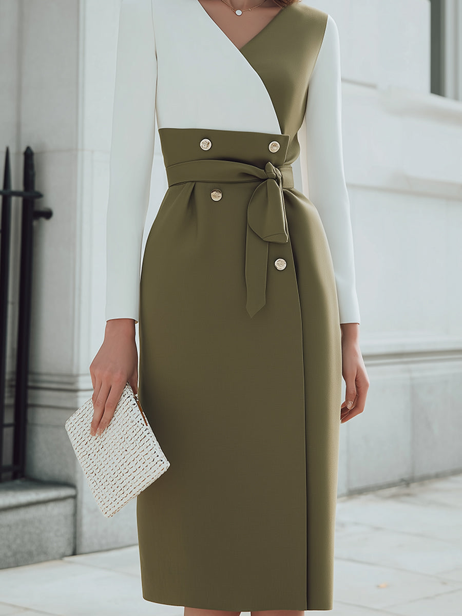 Olive Green And White Color-Block Belted Midi Dress