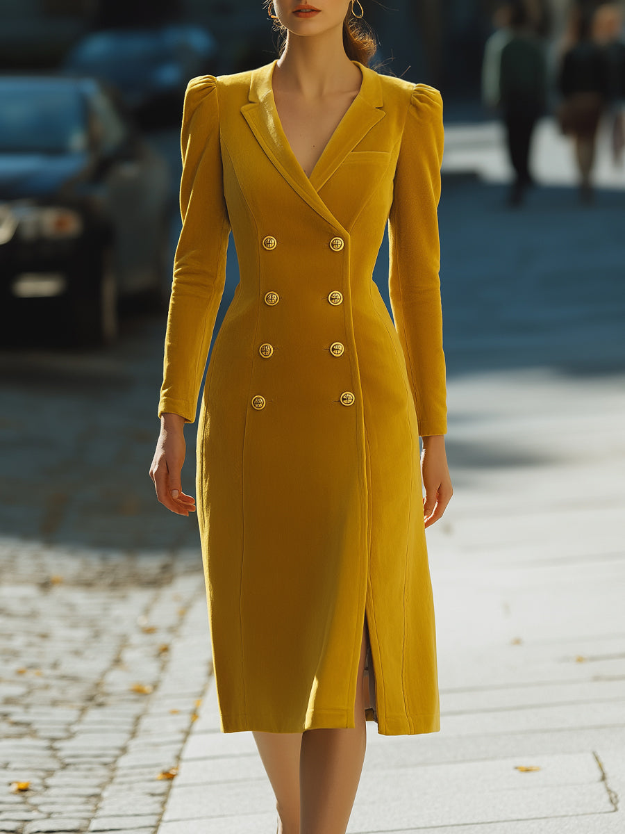 Double-Breasted Power Shoulder Midi Dress
