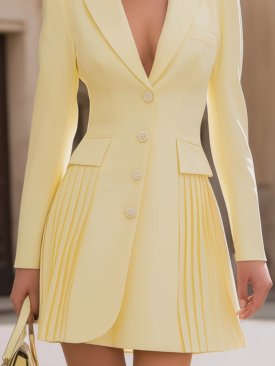 Pastel Yellow Pleated Blazer Dress With Long Sleeves