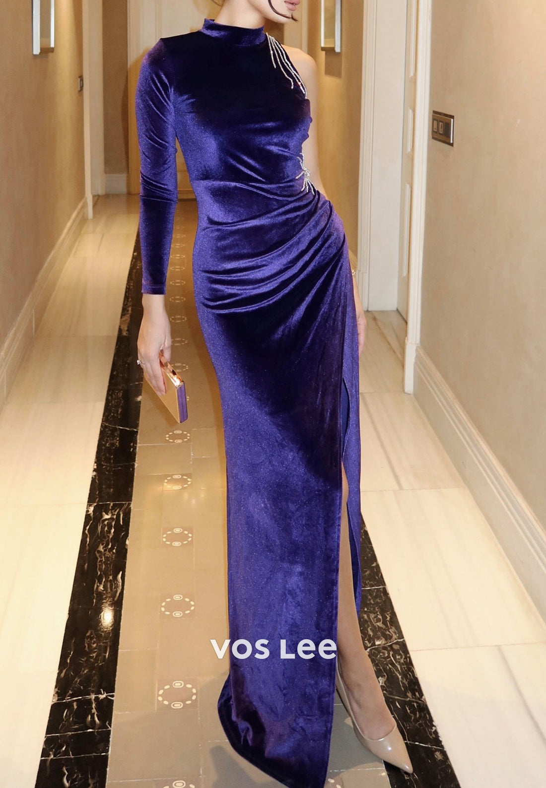 Long Sleeve Scoop Velvet Pleated Mermaid Evening Dresses with Side Split