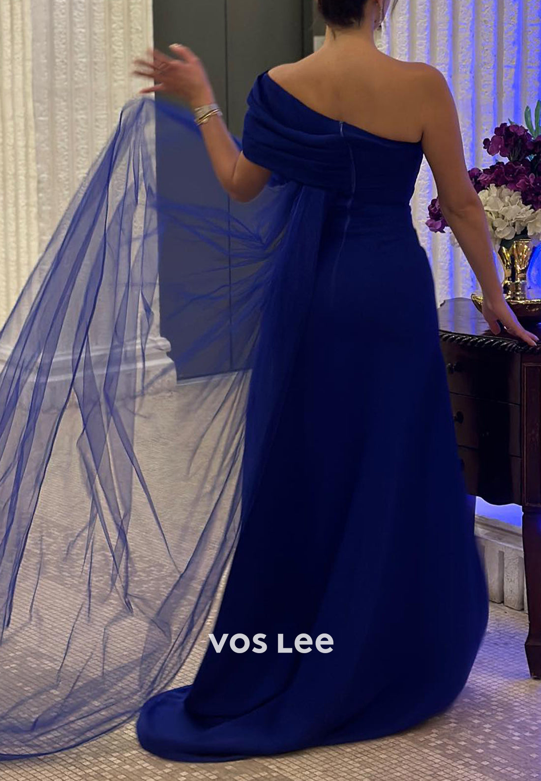 One Shoulder Rhinestone Embellished Sheath Evening Dresses with Sweep Train