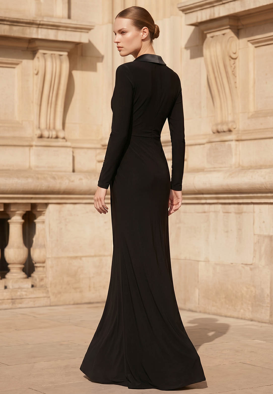 Black Long Sleeves V-neck Slit Evening Dress