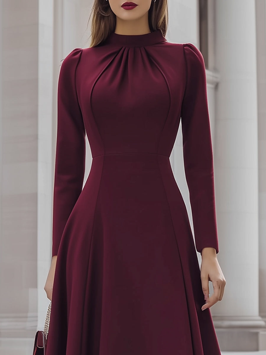 Elegant Burgundy Long Sleeve Midi Dress With Pleated Neckline