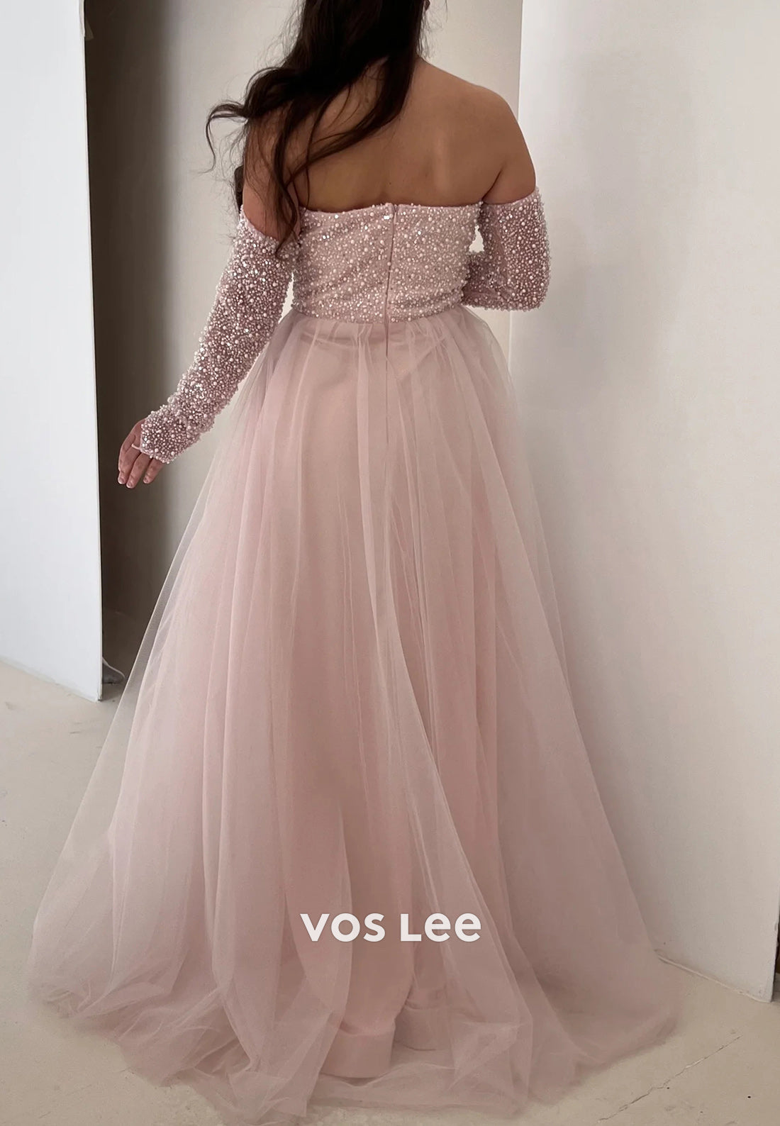 A-Line Long Sleeve Sweetheart Beading Pearls Pleated Prom Dresses with Sweep Train