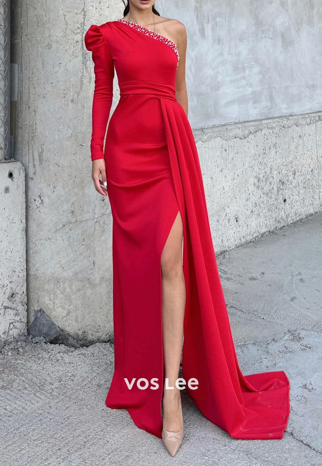 Long Sleeve One Shoulder Pleated Mermaid Evening Dresses with Sweep Train