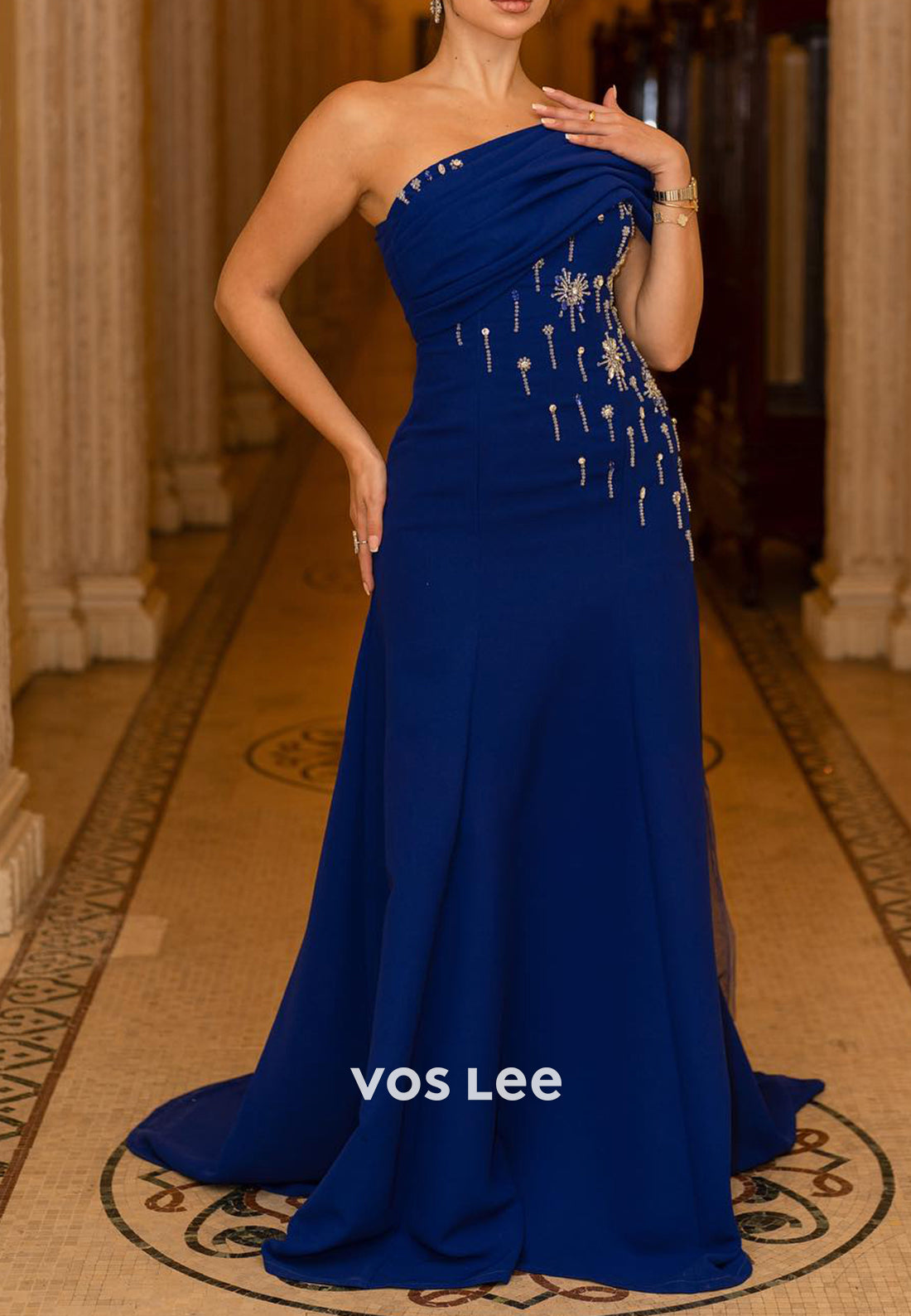 One Shoulder Rhinestone Embellished Sheath Evening Dresses with Sweep Train