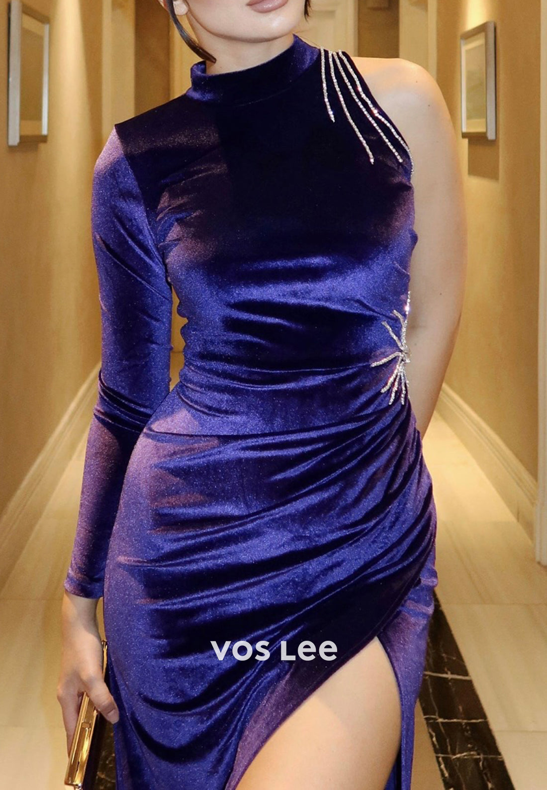 Long Sleeve Scoop Velvet Pleated Mermaid Evening Dresses with Side Split
